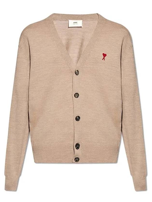 Red Heart Logo Merino Wool Cardigan Beige - AMI - BALAAN 4