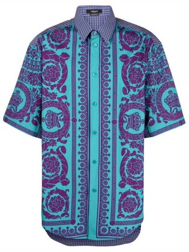 Versace Men's Teal / Plum Barrocco Silhouette Checked Shirt, Brand Size 48 (US Size 38) - VERSACE - BALAAN 1