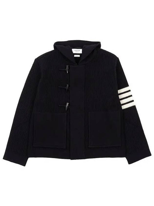 Boiled Wool Half Cardigan Stitched Hooded 4 Bar Double Jacket Navy - THOM BROWNE - BALAAN 2