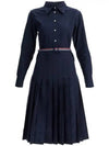 Stripe Flannel Pleated Bottom Belted Cotton Midi Dress Navy - THOM BROWNE - BALAAN 2