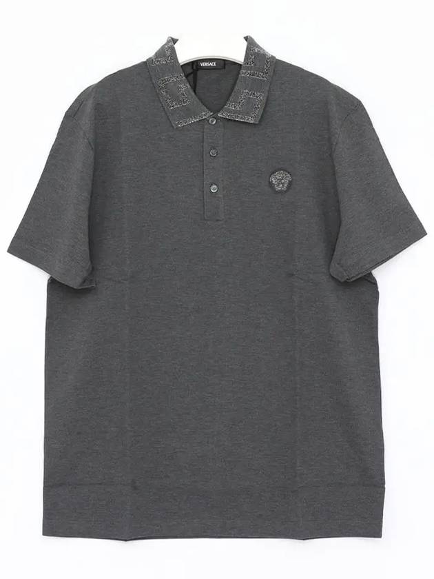 Men's Greca Embroidered Logo Short Sleeve Polo Shirt Grey - VERSACE - BALAAN 2