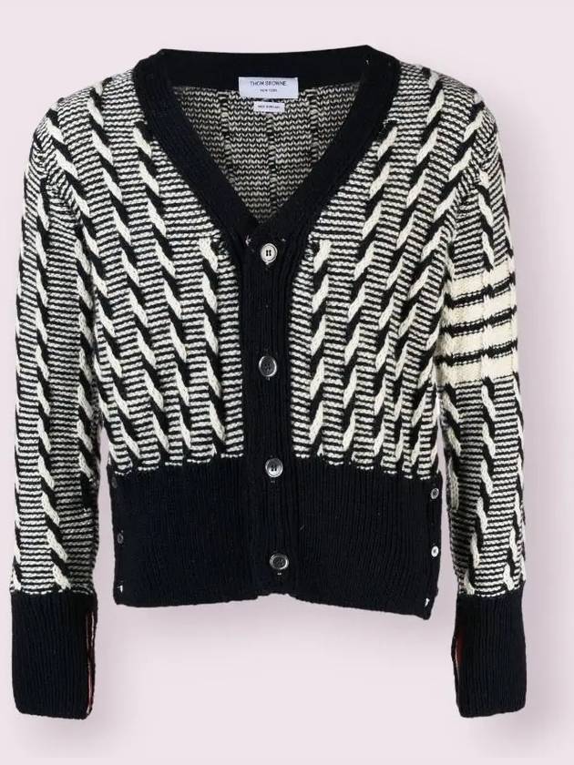 4-bar V-neck Twist Cable Knit Cardigan Navy - THOM BROWNE - BALAAN 3