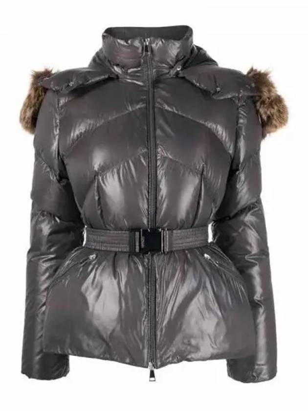 LAITUE Logo Patch Fur Hood Belted Short Down Jacket Gray Women s Padding 233373 - MONCLER - BALAAN 1