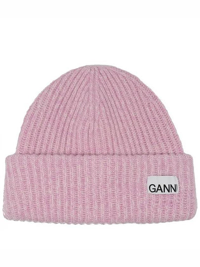 Logo Patch Knit Beanie Pink - GANNI - BALAAN 2