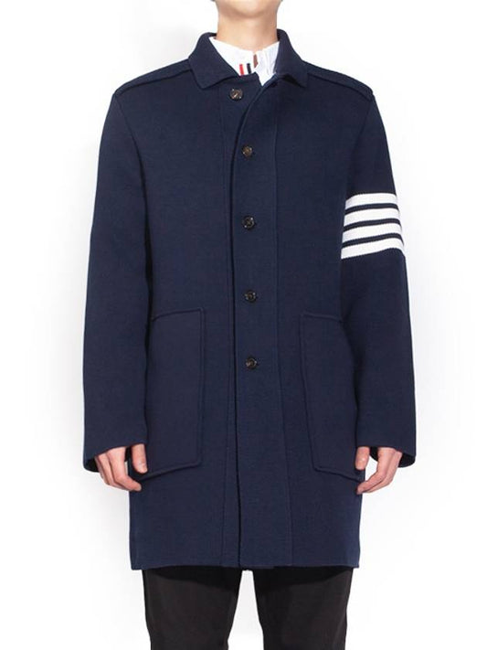 Cotton Cashmere Interlock 4-Bar Polo Collar Overcoat Navy - THOM BROWNE - BALAAN 2