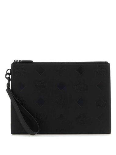 Aren Wristlet Maxi Monogram Leather Clutch Bag Black - MCM - BALAAN 1