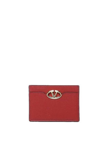 V Logo Signature Leather Card Wallet Red - VALENTINO - BALAAN 1