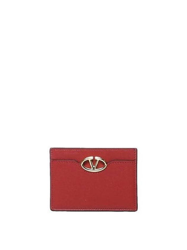 V Logo Signature Leather Card Wallet Red - VALENTINO - BALAAN 1