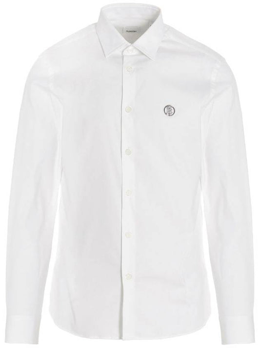 Monogram Pattern Stretch Cotton Blend Long Sleeve Shirt White - BURBERRY - BALAAN.