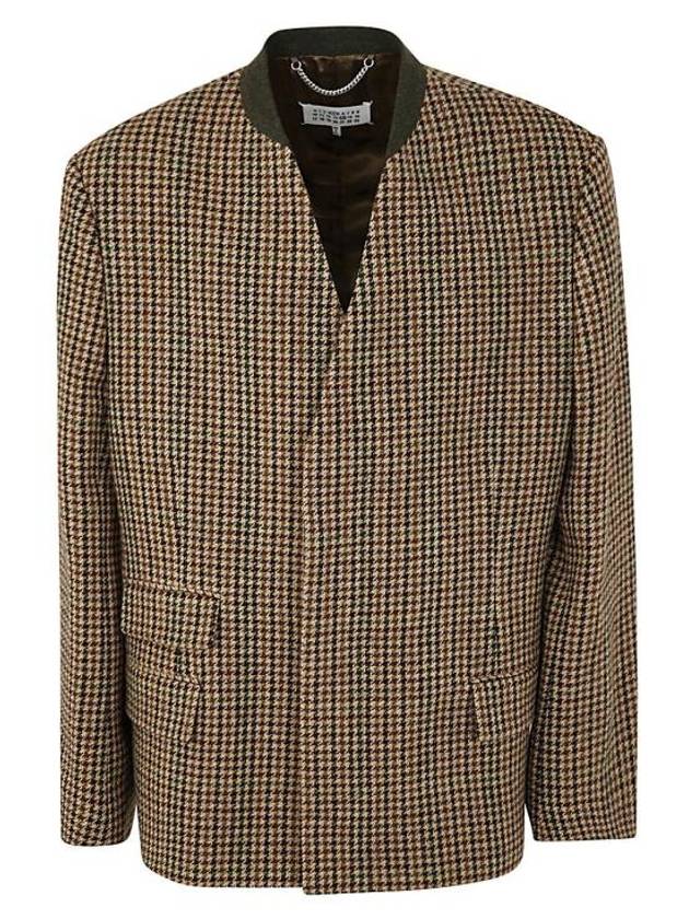 Stitched Low Cut Hem Collarless Check Wool Jacket Brown - MAISON MARGIELA - BALAAN 2