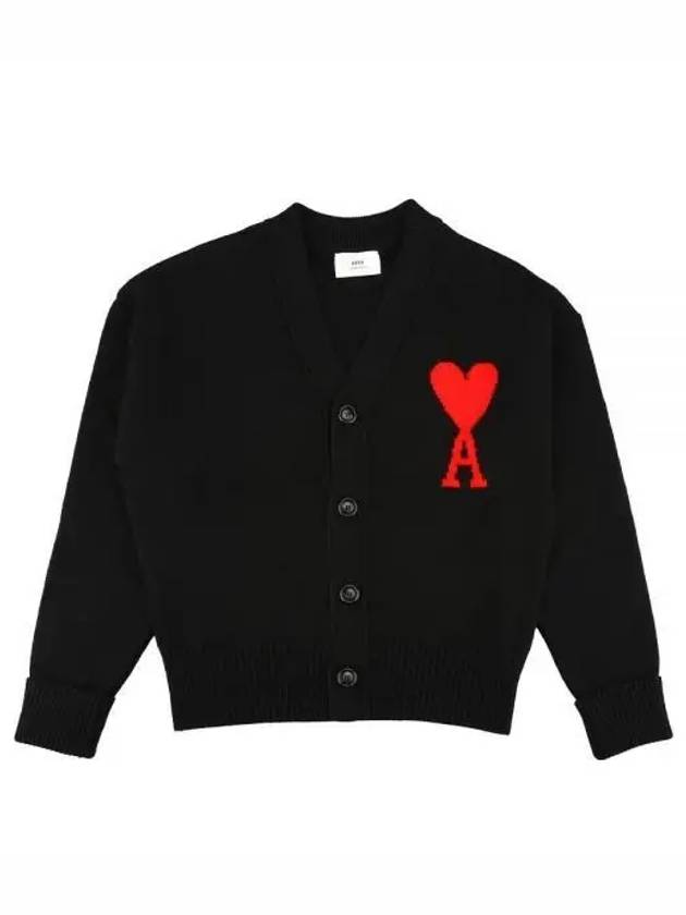 Intarsia Big Heart Logo Oversized Virgin Wool Cardigan Black - AMI - BALAAN 2