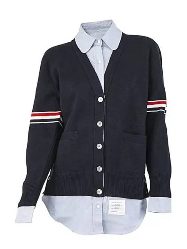 Women's Cotton Pointelle Cable Knit Short Sleeve Cardigan Navy - THOM BROWNE - BALAAN 2