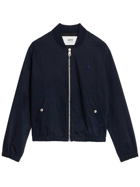 Embroidered Heart Logo Cotton Satin Bomber Jacket Nautic Blue - AMI - BALAAN 2