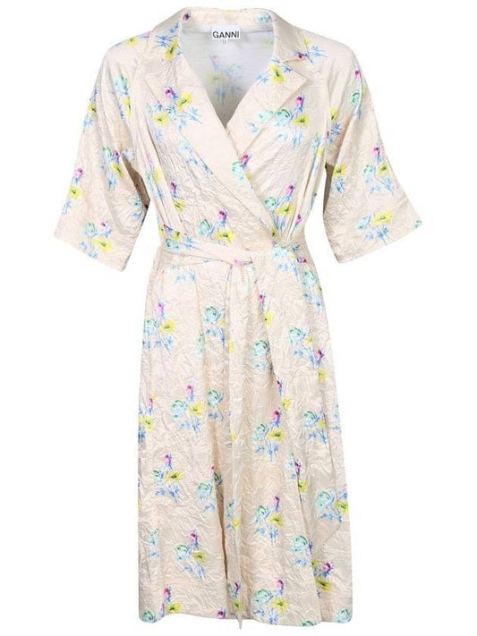 Flower Printed Satin Wrap Shirt Midi Dress - GANNI - BALAAN 1