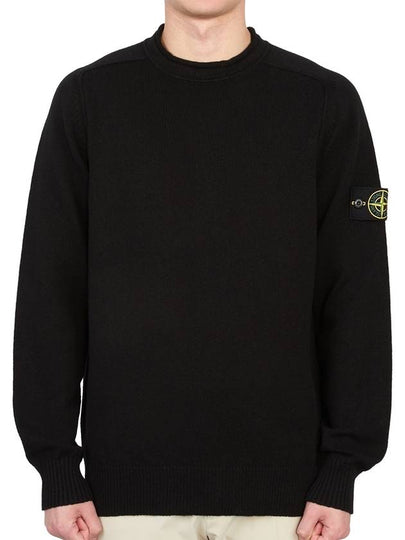 Men's Waffen Patch Crew Neck Raw Cotton Knit Top Black - STONE ISLAND - BALAAN 2