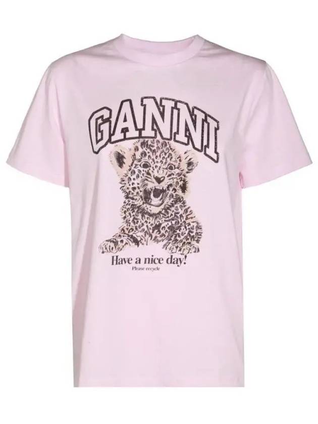 Leopard Print Cotton Short Sleeve T-Shirt Pink - GANNI - BALAAN 2