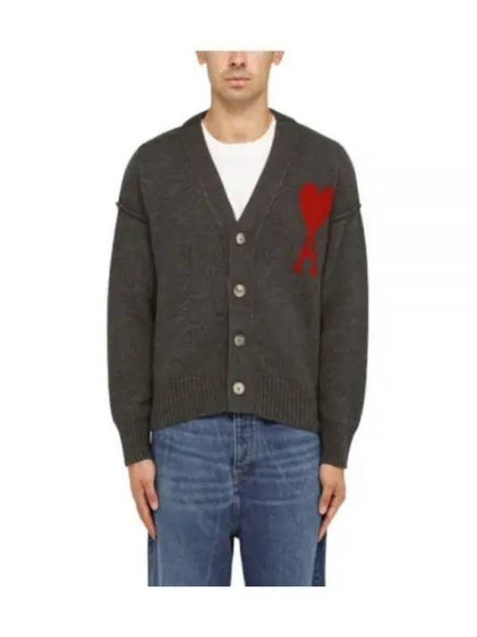 Heart Logo V Neck Wool Cardigan Heather Grey - AMI - BALAAN 2