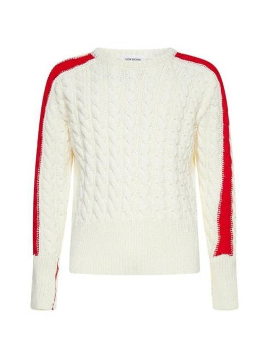 Men's Three Stripes Merino Wool Cable Knit Top White - THOM BROWNE - BALAAN 1