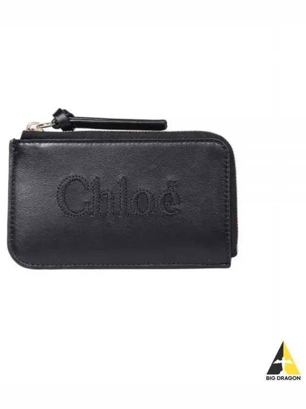 Embroidered Logo Shiny Calf Skin Zipper Card Wallet Black - CHLOE - BALAAN 2