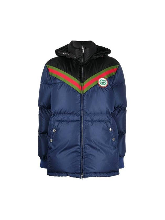 Women's Interlocking G Embroidered Patch Color Block Hood Padding Blue - GUCCI - BALAAN 1