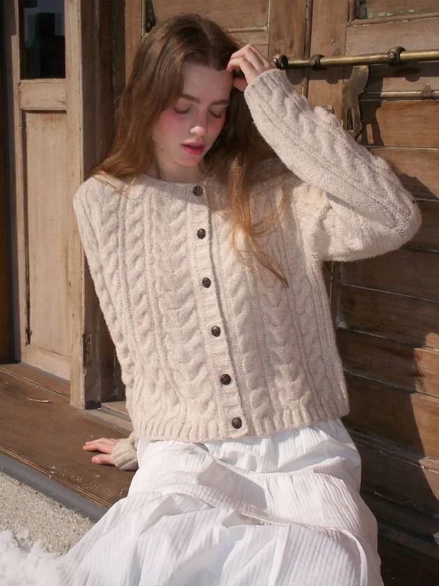 unbalanced button boat neck wool cardigan beige - LETTER FROM MOON - BALAAN 4