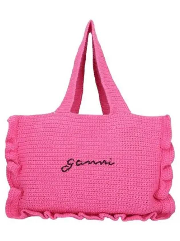 Cotton Crochet Frill Tote Bag Shocking Pink Handbag - GANNI - BALAAN 1