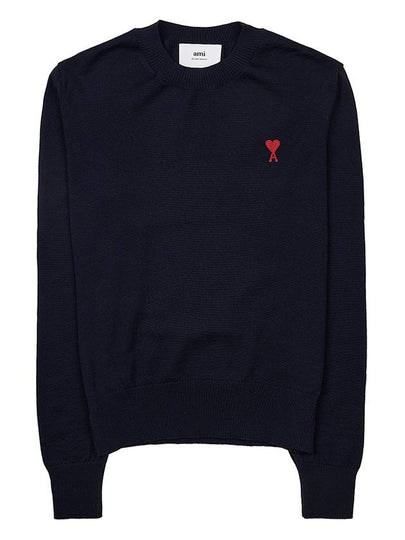 Heart Embroidered Logo Crew Neck Knit Top Navy - AMI - BALAAN 2