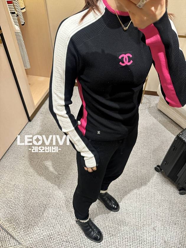 Coconeju CC Logo Long Sleeve Black Pink Wool Knit Top Pullover 36 P74366 - CHANEL - BALAAN 8