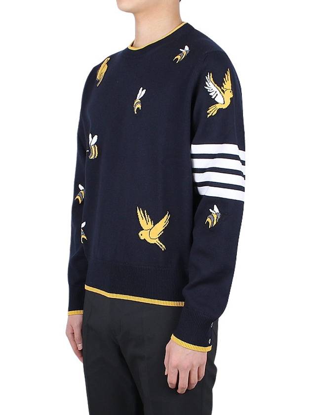 Cotton Merino Birds & Bees Intrasia 4 Bar Crew Neck Pullover Knit Top Navy - THOM BROWNE - BALAAN 4