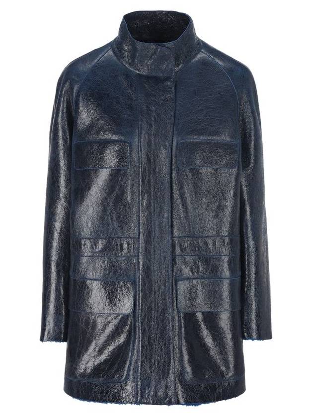 High Neck Leather Jacket Dark Blue - FENDI - BALAAN 2