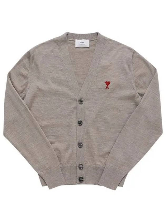 Red Heart Logo Merino Wool Cardigan Beige - AMI - BALAAN 2