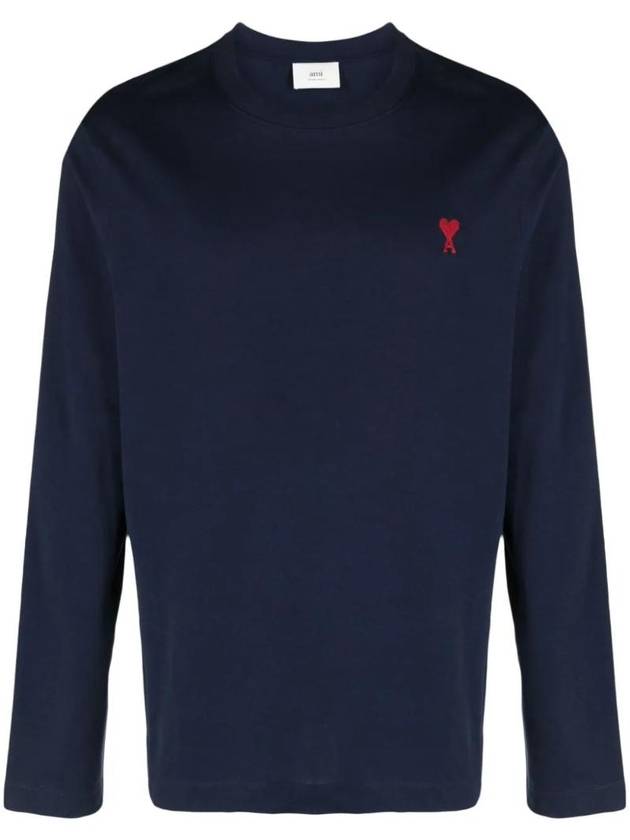 Chain Stitch Heart Logo Long Sleeve T-Shirt Navy - AMI - BALAAN 1