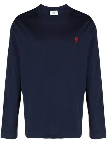 Chain Stitch Heart Logo Long Sleeve T-Shirt Navy - AMI - BALAAN 1