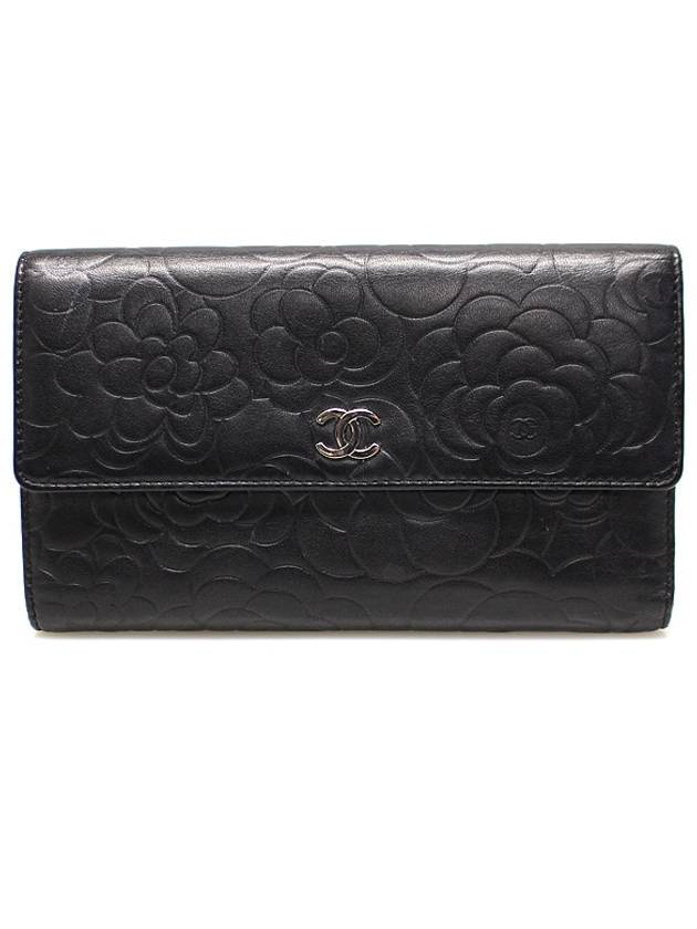 Black lambskin camellia silver CC logo flap long wallet 17th - CHANEL - BALAAN 1