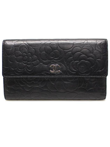 Black lambskin camellia silver CC logo flap long wallet 17th - CHANEL - BALAAN 1