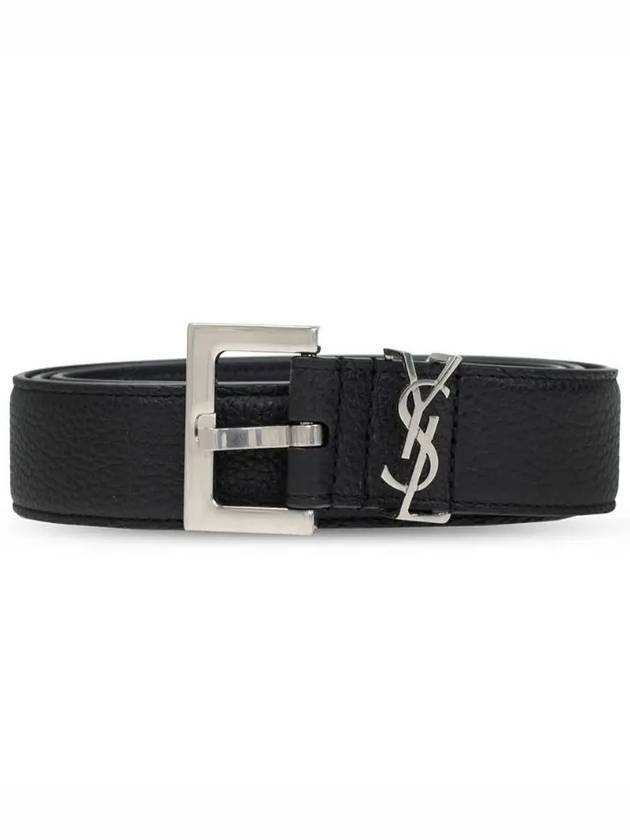 Grained Leather Silver Monogram Belt Black - SAINT LAURENT - BALAAN 2