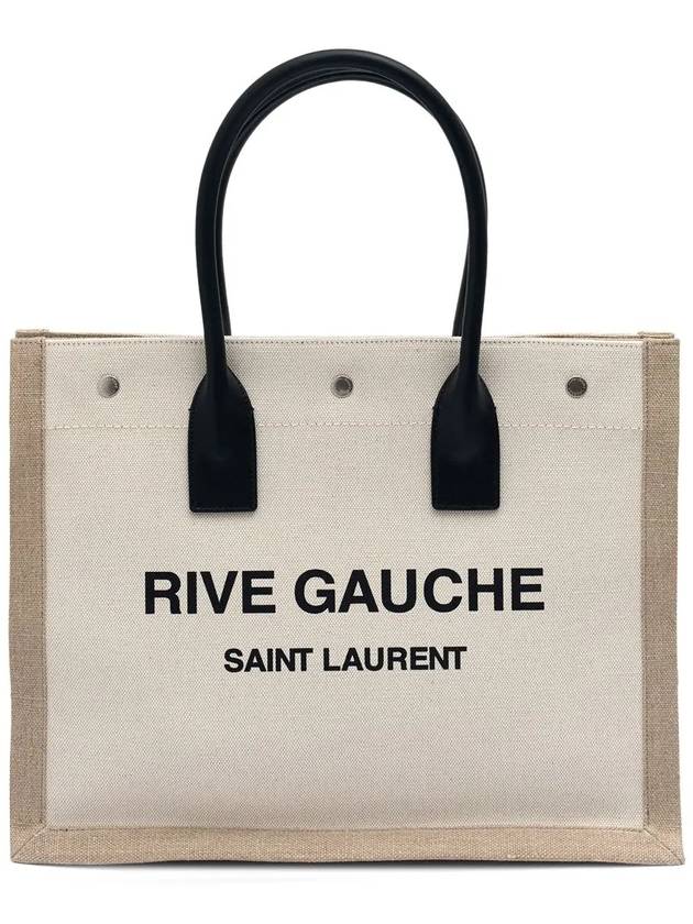 Rive Gauche Logo Linen Leather Small Tote Bag Beige - SAINT LAURENT - BALAAN 3