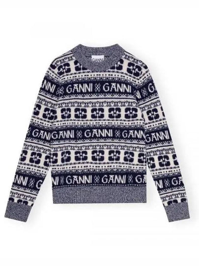 Logo Wool Mix O Neck Knit Top Sky Captain - GANNI - BALAAN 2