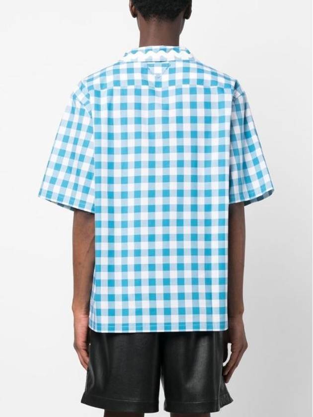 Check Short Sleeve Shirt Blue - PRADA - BALAAN 6