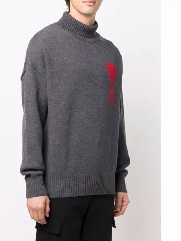 Big Heart Logo Wool Knit Turtleneck Grey - AMI - BALAAN 3