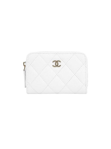 Gold Hardware Classic Grained Shiny Calfskin Zipped Coin Wallet White - CHANEL - BALAAN 1