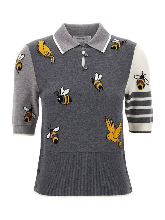 Fun-Mix Cotton Merino Birds and Bees 4-Bar Polo Shirt Tonal Grey - THOM BROWNE - BALAAN 1