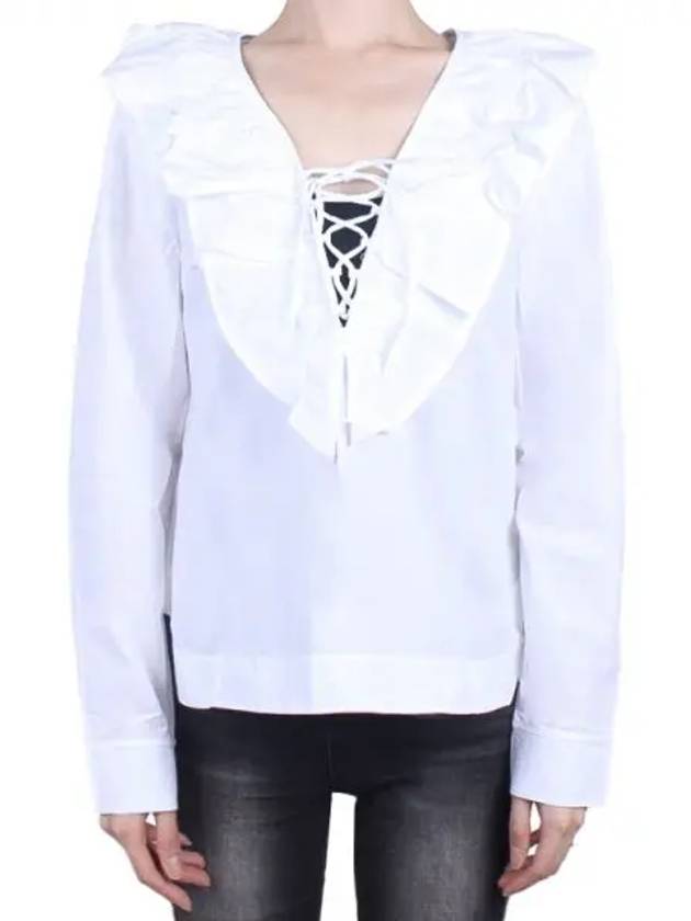 Cotton Poplin Ruffle V-Neck Blouse Bright White - GANNI - BALAAN 2