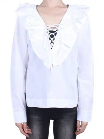 Cotton Poplin Ruffle V-Neck Blouse Bright White - GANNI - BALAAN 2