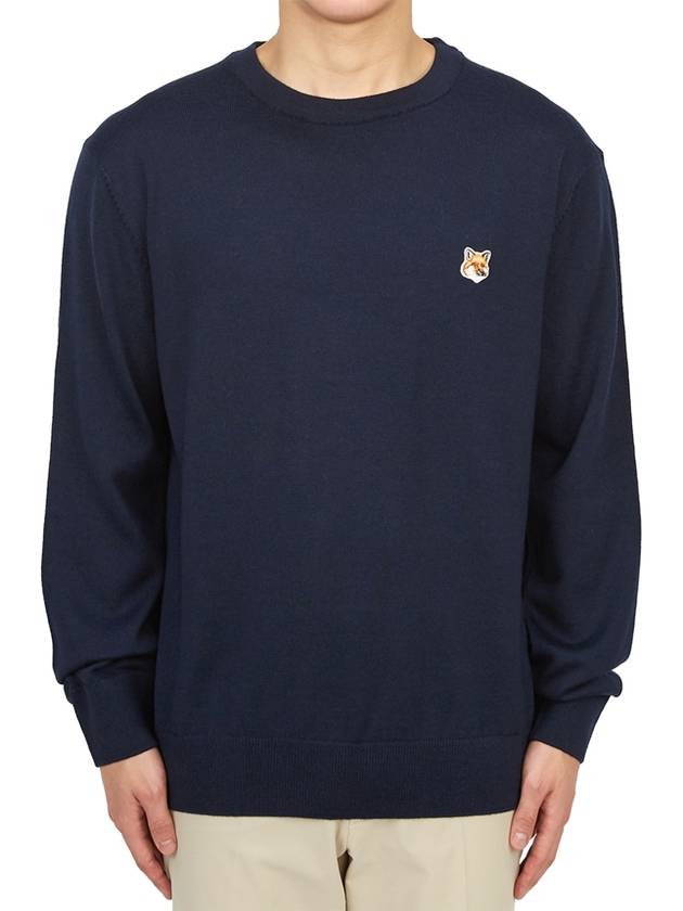 Fox Head Patch Regular Round Neck Pullover Knit Top Navy - MAISON KITSUNE - BALAAN 2