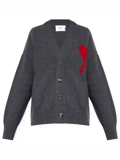 Heart Logo V Neck Wool Cardigan Heather Grey - AMI - BALAAN 2