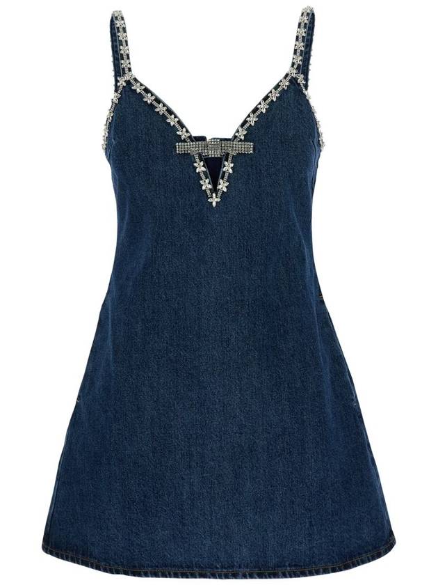 Blue Mini Dress With Bow Detail On The Front And Crystal Embellishment In Denim Woman - SELF PORTRAIT - BALAAN 1