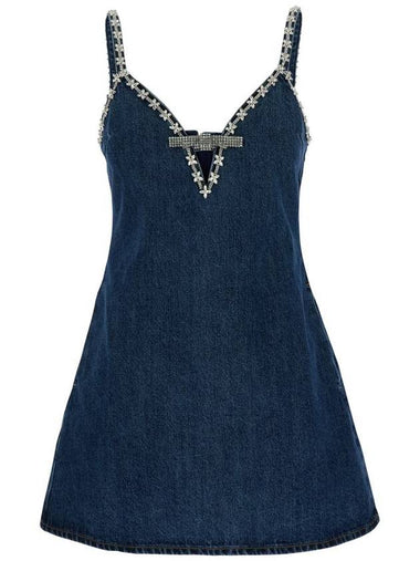 Blue Mini Dress With Bow Detail On The Front And Crystal Embellishment In Denim Woman - SELF PORTRAIT - BALAAN 1