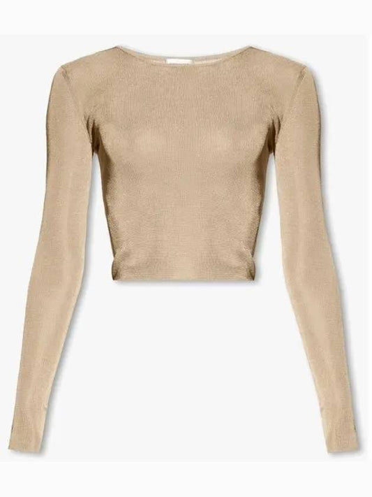 Rib Detail Viscose Crop Long Sleeve T-Shirt Beige - SAINT LAURENT - BALAAN 2