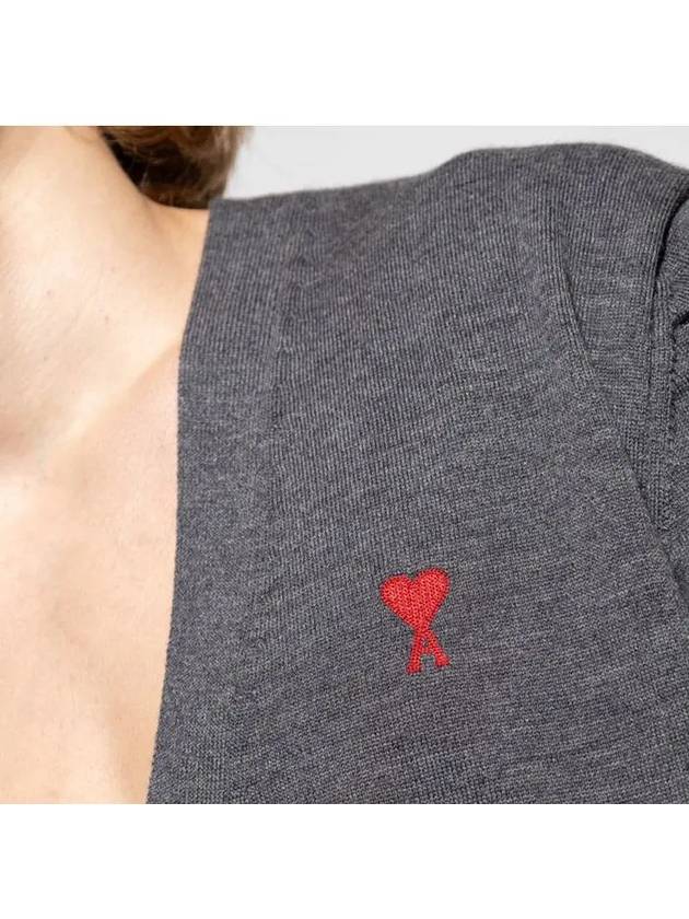 Red Heart Logo Merino Wool Cardigan Heather Grey - AMI - BALAAN 5